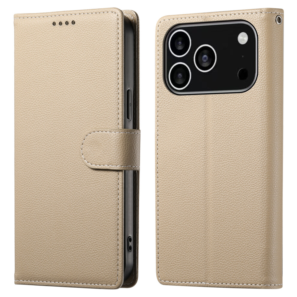 (Iphone 17 Pro, Apricot) For Iphone 17 Pro Case Magnetic Snap Litchi Texture Leather Wallet Phone Cover With Wrist Strap 6914285032202