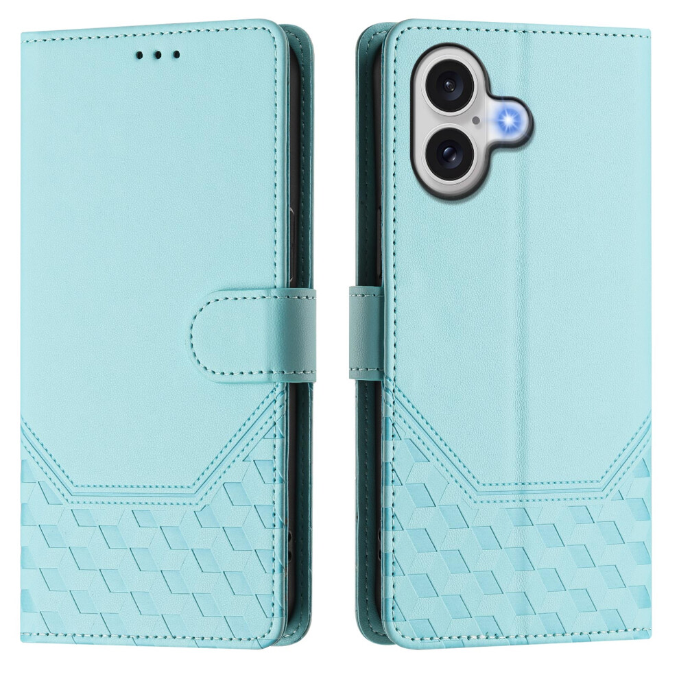 (Iphone 17, Mint ) For Iphone 17 Case Imprinted Honeycomb Rfid Blocking Leather Phone Cover With Strap Green 6914284371890