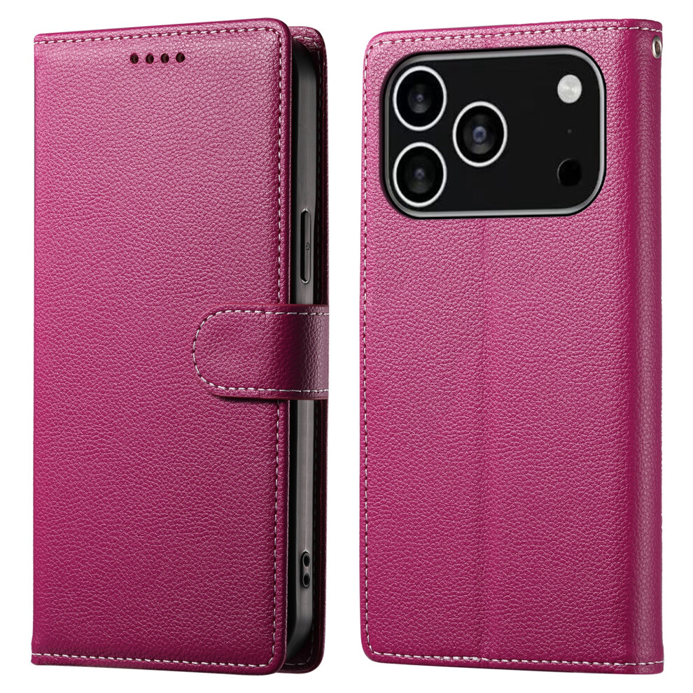 (Iphone 17 Pro, Rose) For Iphone 17 Pro Case Magnetic Snap Litchi Texture Leather Wallet Phone Cover With Wrist Strap 6914283566419