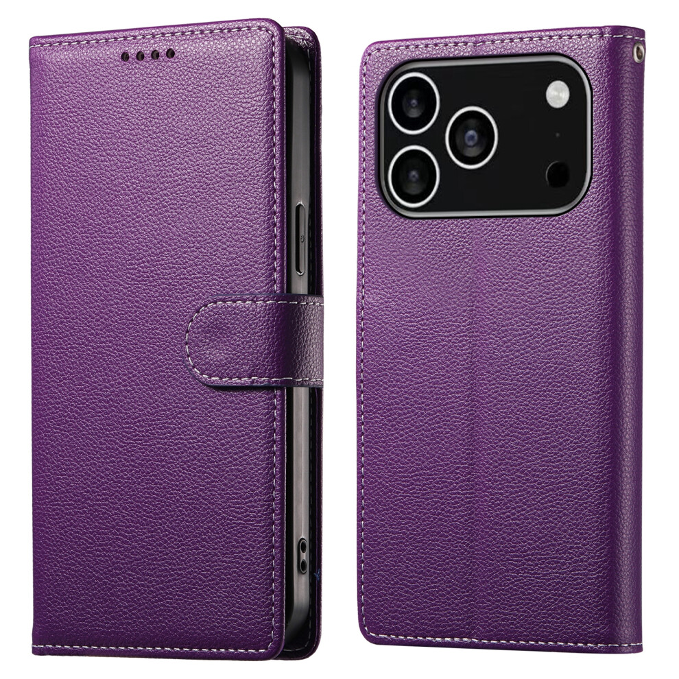 (Iphone 17 Pro, ) For Iphone 17 Pro Case Magnetic Snap Litchi Texture Leather Wallet Phone Cover With Wrist Strap Purple 6914284526191
