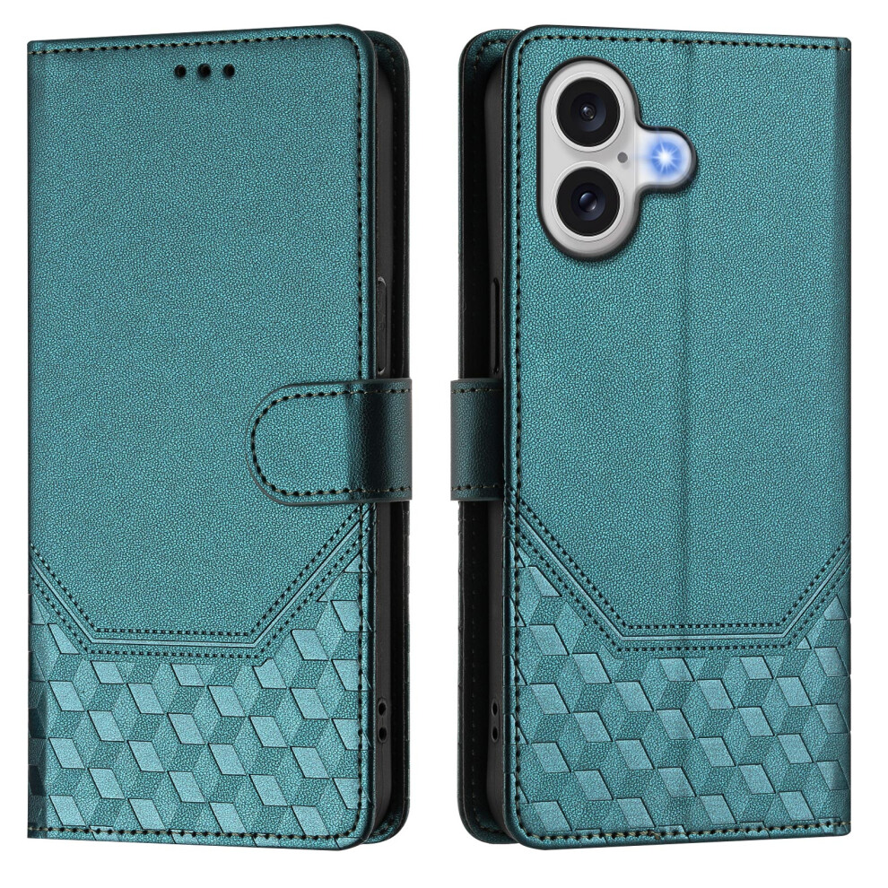 (Iphone 17, ) For Iphone 17 Case Imprinted Honeycomb Rfid Blocking Leather Phone Cover With Strap Green 6914289374094