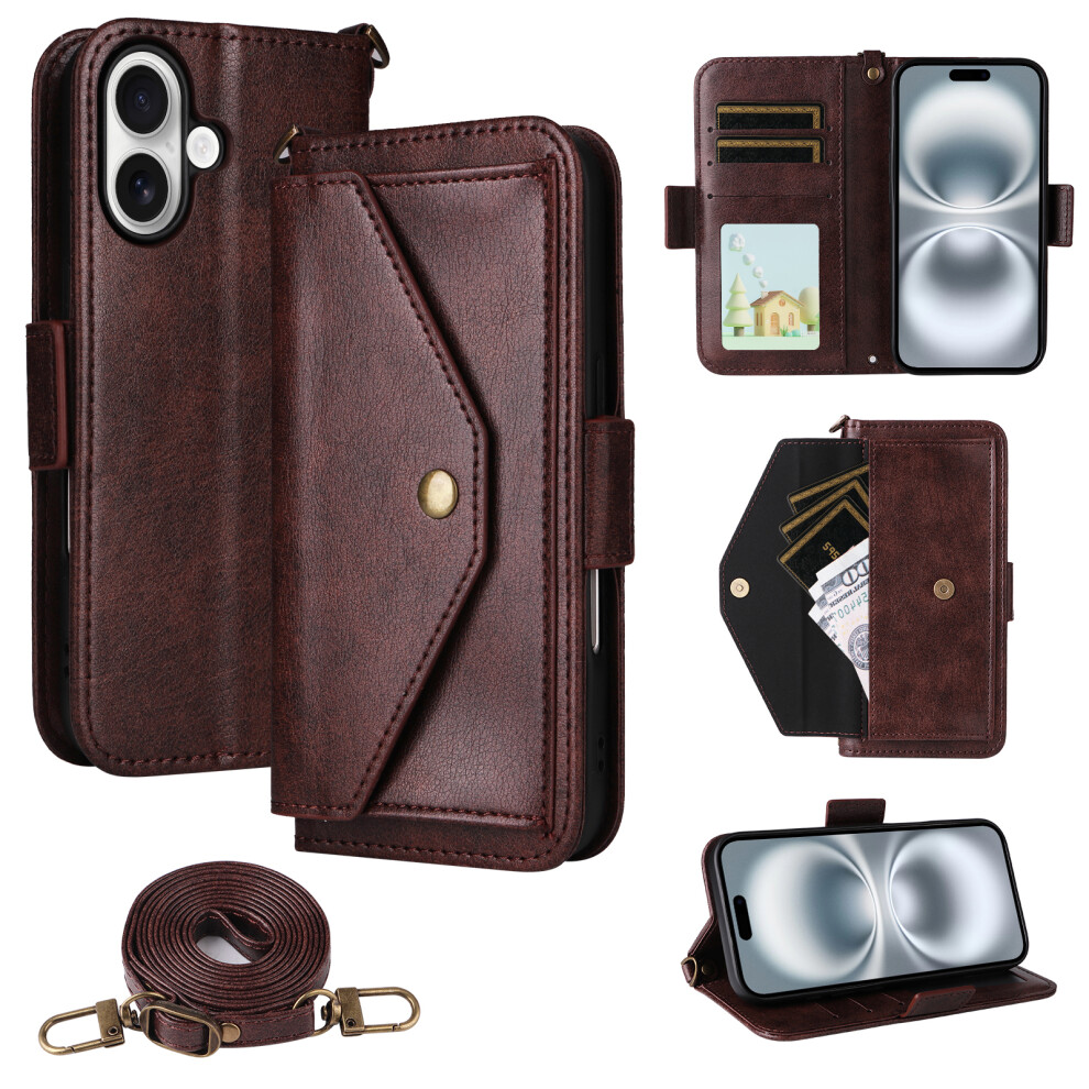 (Iphone 16, ) For Iphone 16 Leather Case Magnetic Closure Wallet Stand Phone Cover With Crossbody Strap Brown 6914287192171