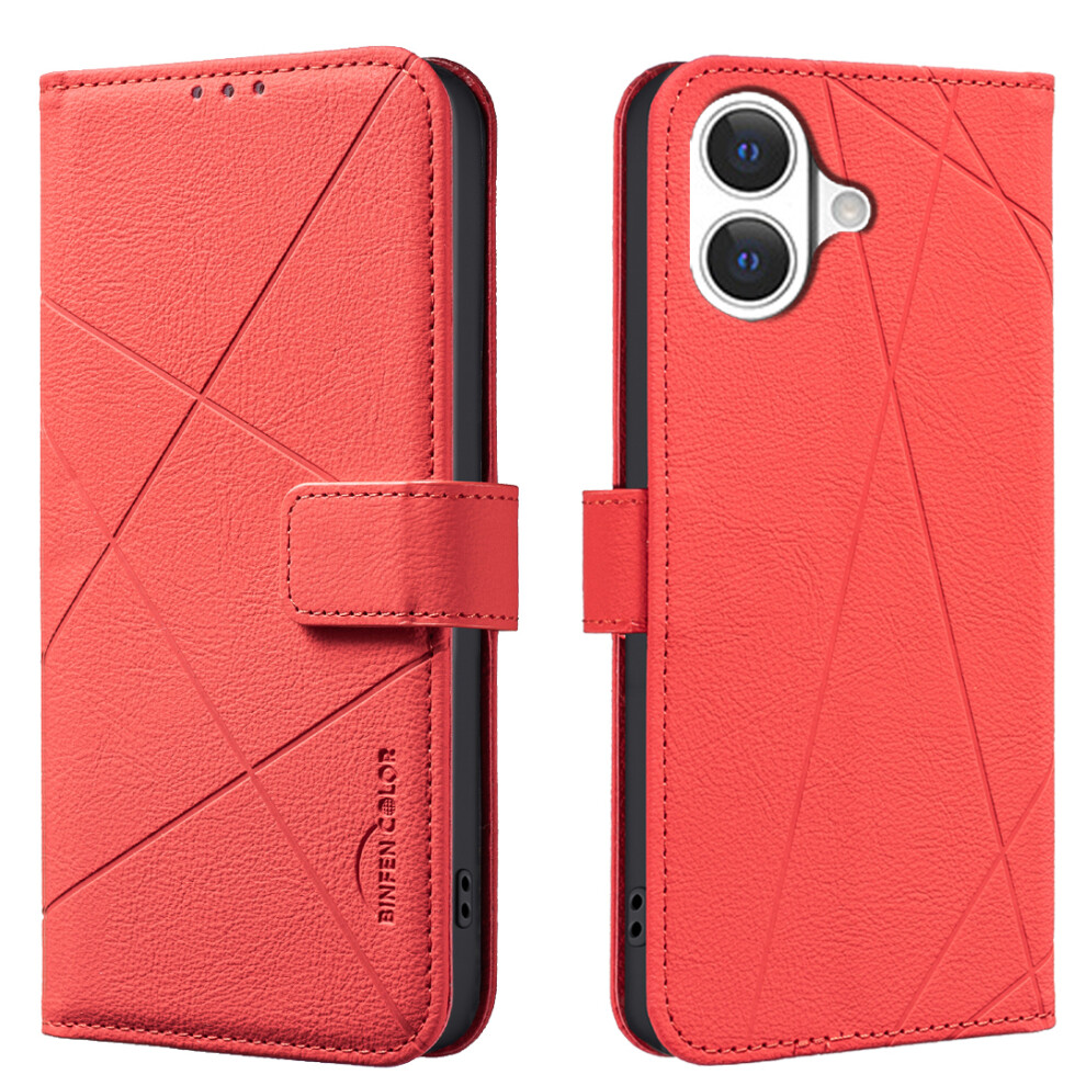 (Iphone 17, ) For Iphone 17 Case Binfen Color Bf35 Geometry Imprinted Leather Phone Cover Rfid Blocking Wallet Stand Red 6914280243184