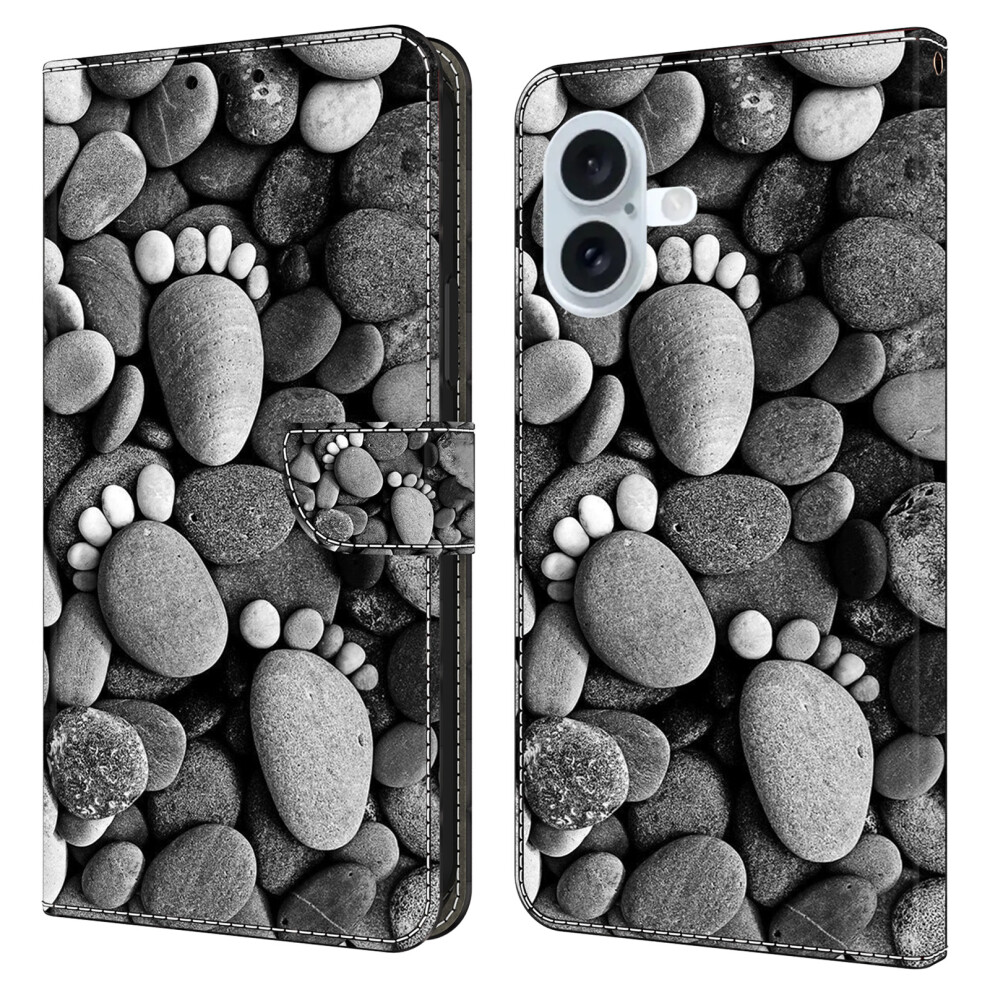(Iphone 16, Stone Footprints) For Iphone 16 Case Wallet Stand Pattern Printing Pu Leather Flip Phone Cover 6914284226756