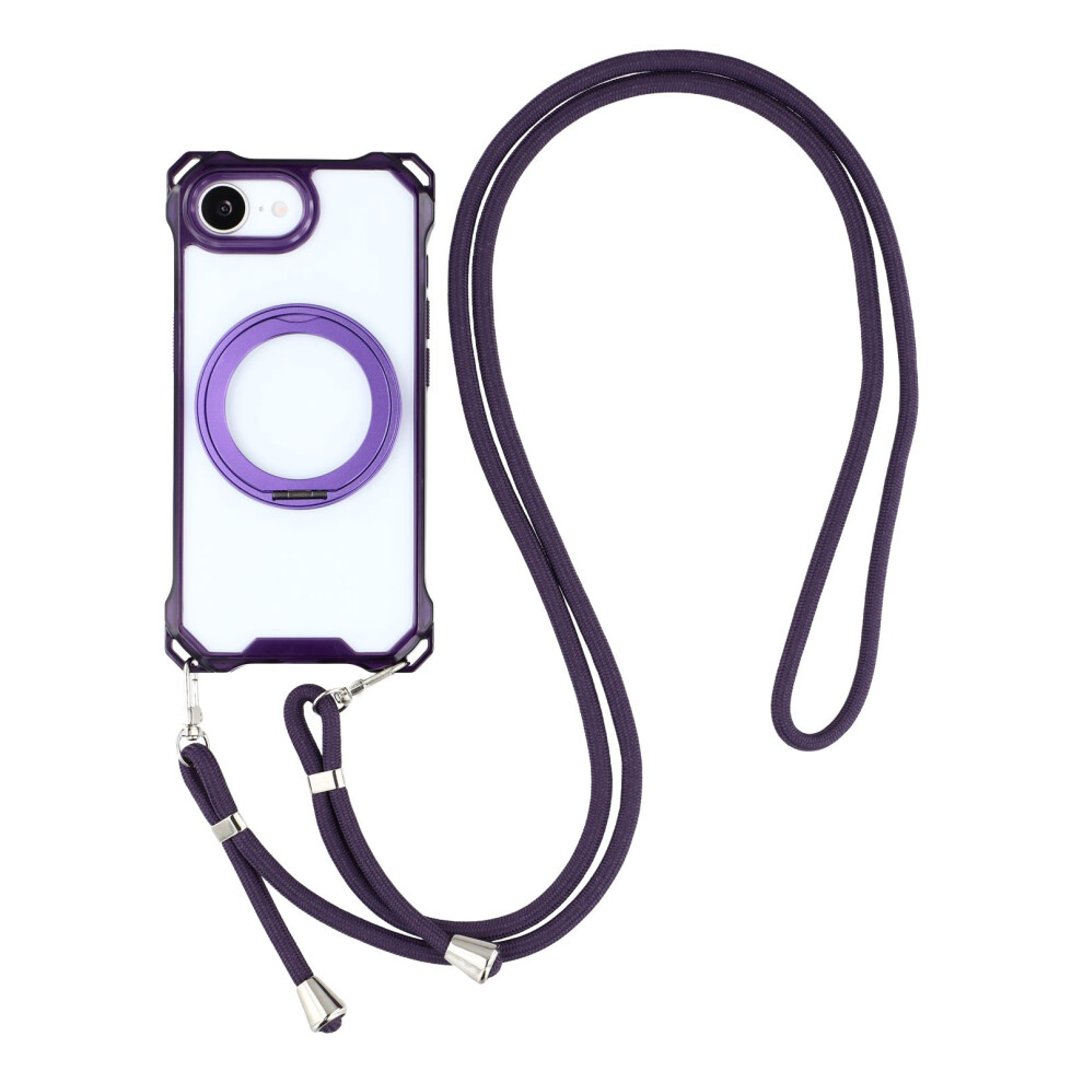 (Iphone 16E, ) For Iphone 16E Magnetic Case Ring Kickstand Tpu+Pc Phone Cover With Lanyard Purple 6914283592937
