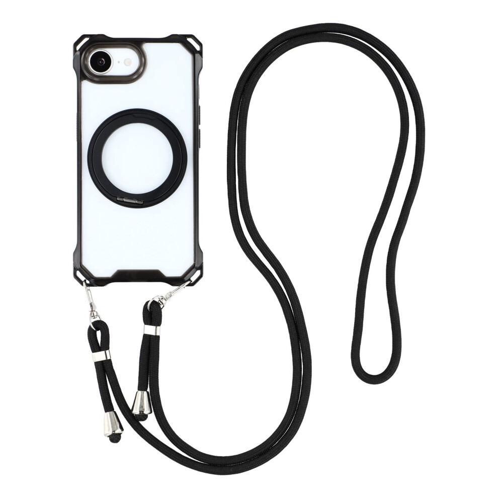 (Iphone 16E, ) For Iphone 16E Magnetic Case Ring Kickstand Tpu+Pc Phone Cover With Lanyard Black 6914288818452