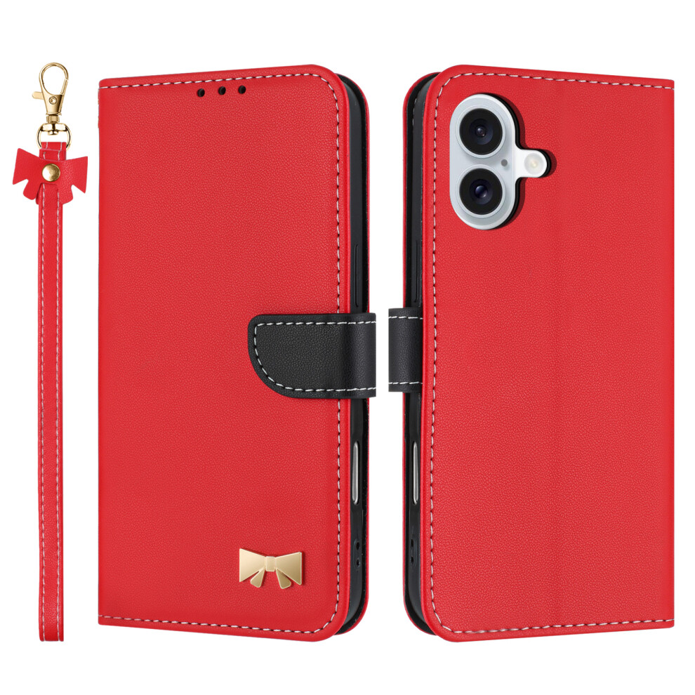 (Iphone 17, ) For Iphone 17 Case Bowknot Decor Wallet Leather Phone Cover With Wrist Strap Red 6914283846214
