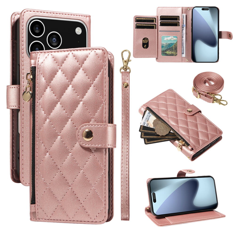 (Iphone 17 Pro, Rose ) For Iphone 17 Pro Wallet Case With Straps,Rhombus Leather Stand Phone Cover Gold 6914281086056