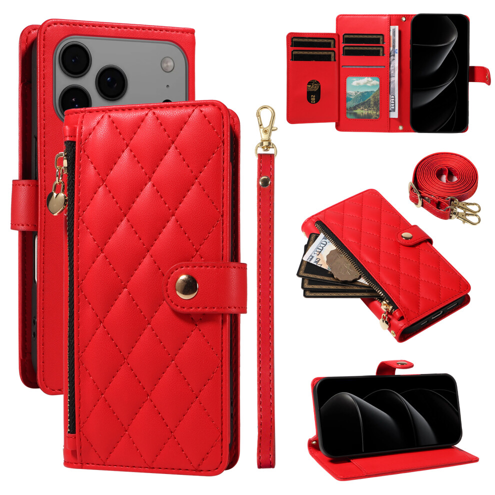 (Iphone 17 Pro Max, ) For Iphone 17 Pro Max Wallet Case With Straps,Rhombus Leather Stand Phone Cover Red 6914289482546