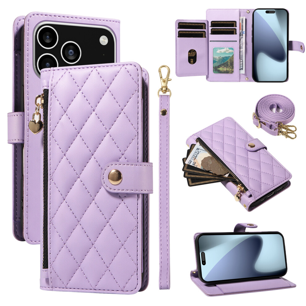 (Iphone 17 Pro, ) For Iphone 17 Pro Wallet Case With Straps,Rhombus Leather Stand Phone Cover Purple 6914289579765