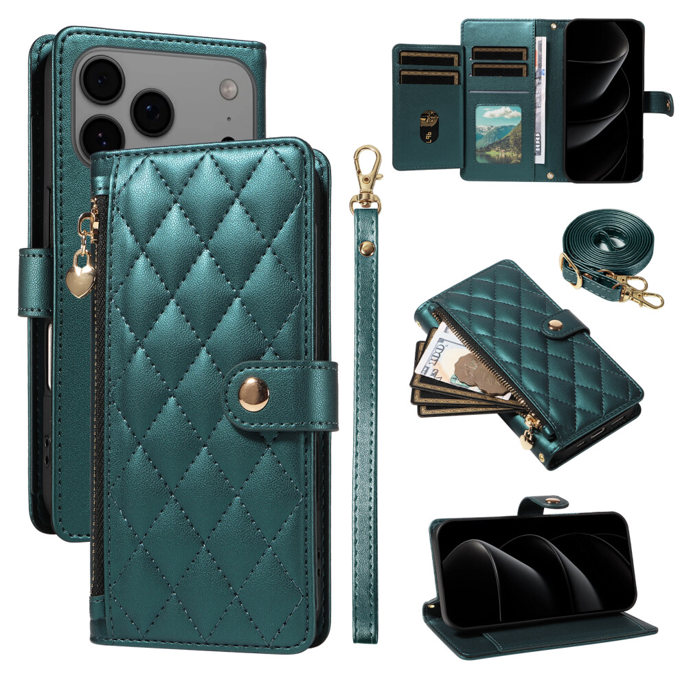 (Iphone 17 Pro Max, Blackish ) For Iphone 17 Pro Max Wallet Case With Straps,Rhombus Leather Stand Phone Cover Green 6914280659565