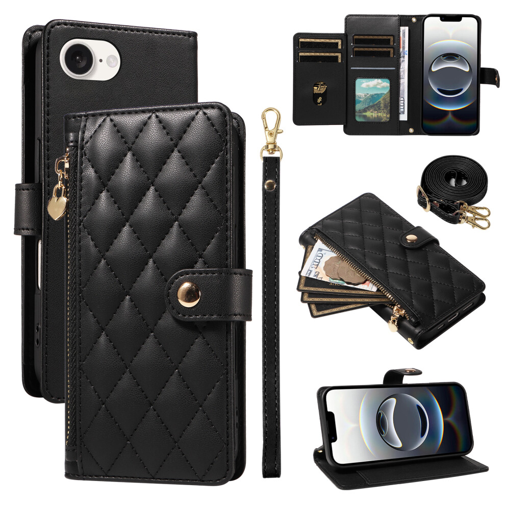 (Iphone 16E, ) For Iphone 16E Wallet Case With Straps,Rhombus Leather Stand Phone Cover Black 6914280299990
