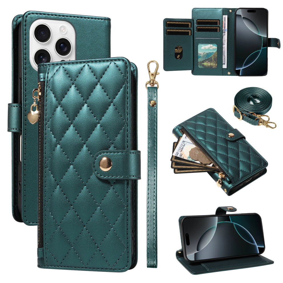 (Iphone 16 Pro Max, Blackish ) For Iphone 16 Pro Max Wallet Case With Straps,Rhombus Leather Stand Phone Cover Green 6914287831308