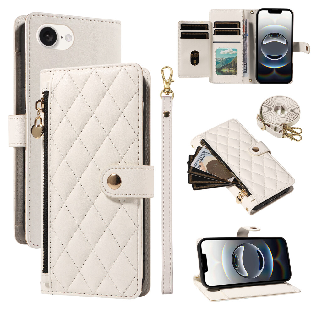 (Iphone 16E, ) For Iphone 16E Wallet Case With Straps,Rhombus Leather Stand Phone Cover White 6914284880019