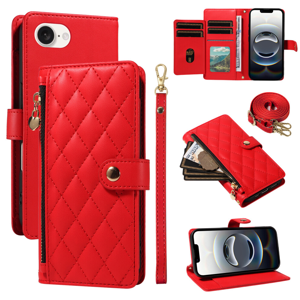 (Iphone 16E, ) For Iphone 16E Wallet Case With Straps,Rhombus Leather Stand Phone Cover Red 6914282960072
