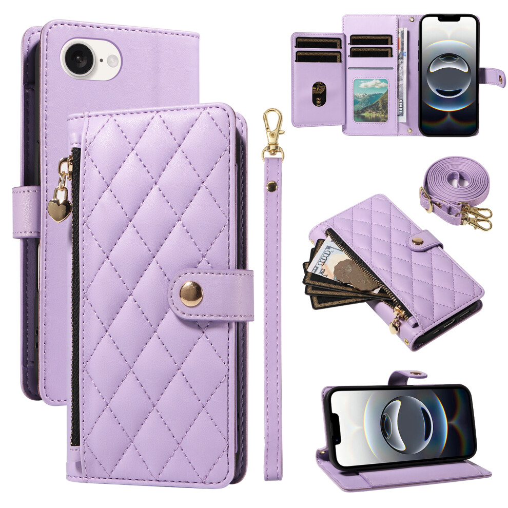 (Iphone 16E, ) For Iphone 16E Wallet Case With Straps,Rhombus Leather Stand Phone Cover Purple 6914289340228