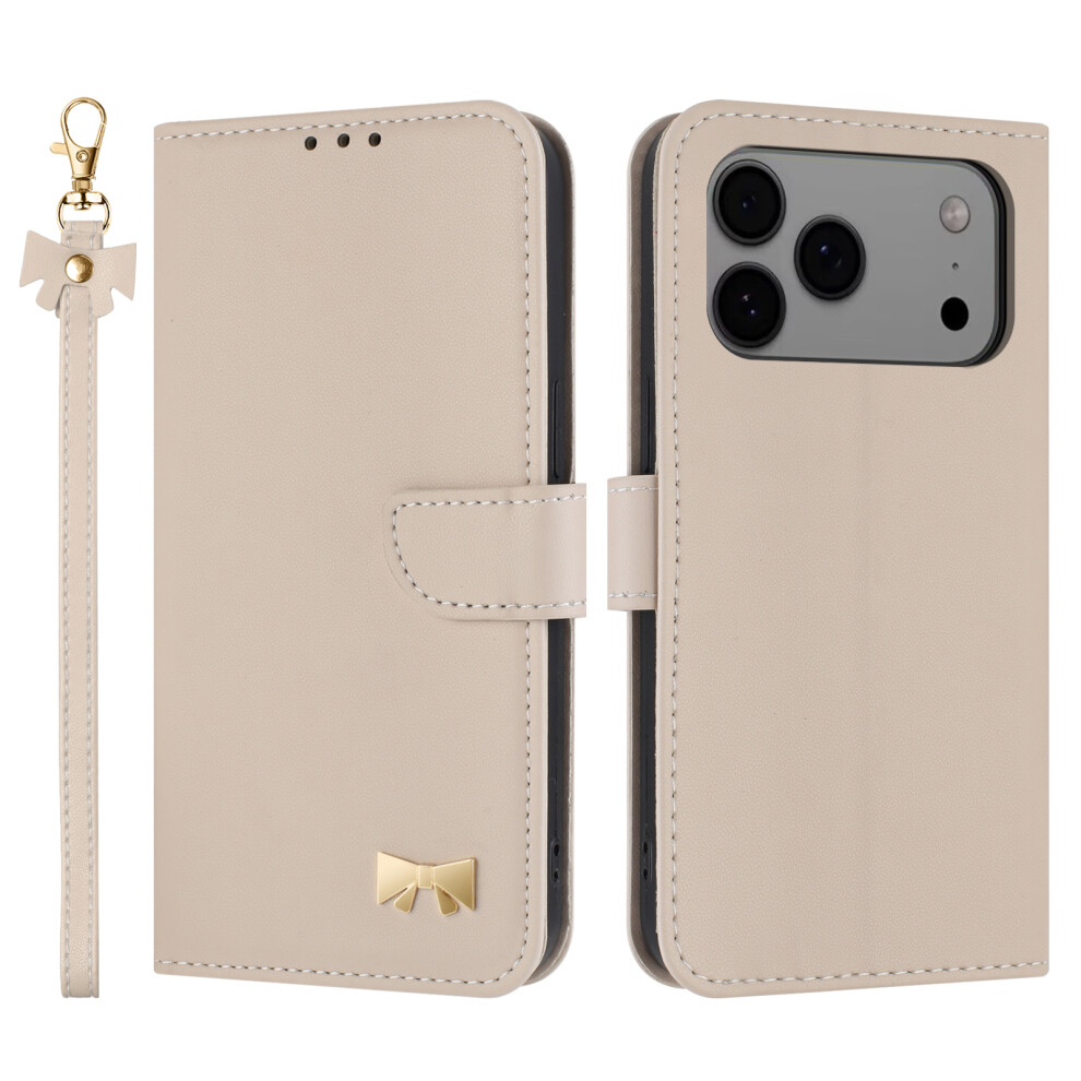(Iphone 17 Pro Max, Khaki) For Iphone 17 Pro Max Case Bowknot Decor Wallet Leather Phone Cover With Wrist Strap 6914288147033