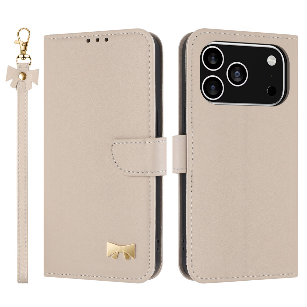 (Iphone 17 Pro, Khaki) For Iphone 17 Pro Case Bowknot Decor Wallet Leather Phone Cover With Wrist Strap 6914284912703