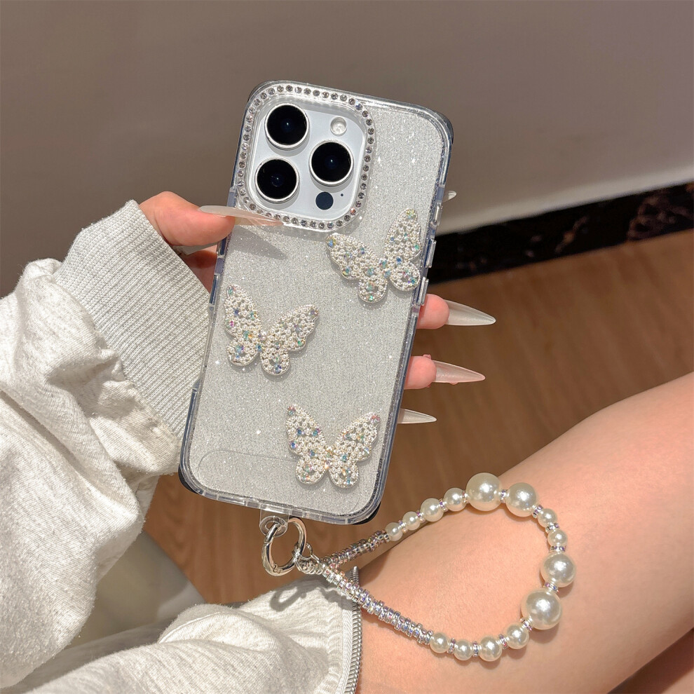 (Iphone 16 Pro, ) For Iphone 16 Pro Case Glitter Rhinestone Decor Butterfly Tpu+Pc Phone Case With Beaded Strap Black 6914280186047