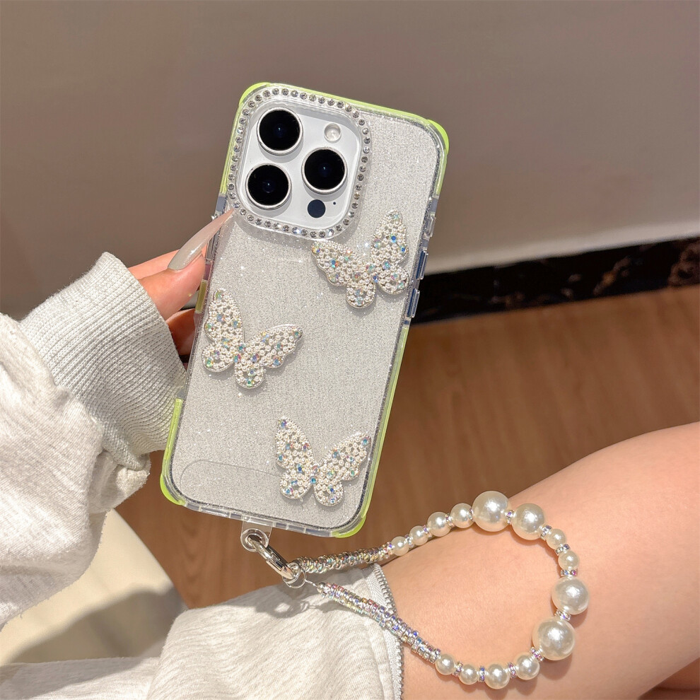 (Iphone 16 Pro, Fluorescent ) For Iphone 16 Pro Case Glitter Rhinestone Decor Butterfly Tpu+Pc Phone Case With Beaded Strap Green 6914283550838