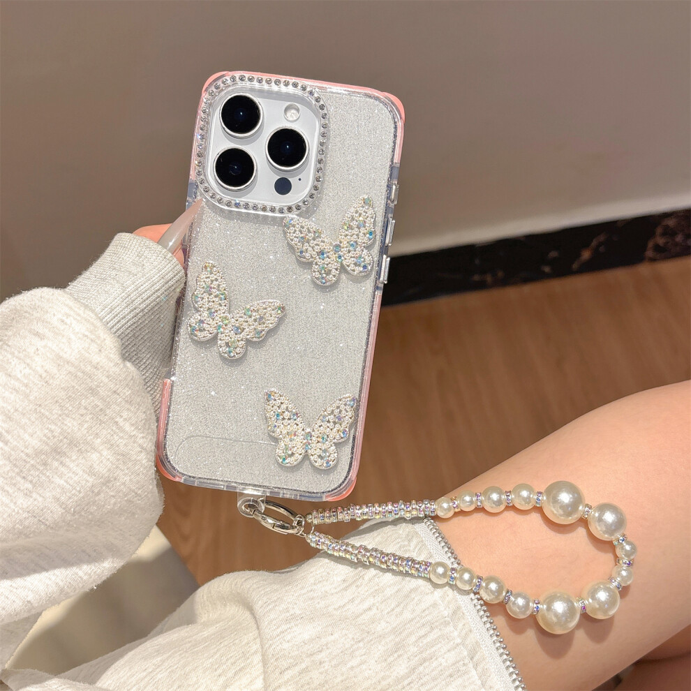 (Iphone 16 Pro, ) For Iphone 16 Pro Case Glitter Rhinestone Decor Butterfly Tpu+Pc Phone Case With Beaded Strap Pink 6914285187049