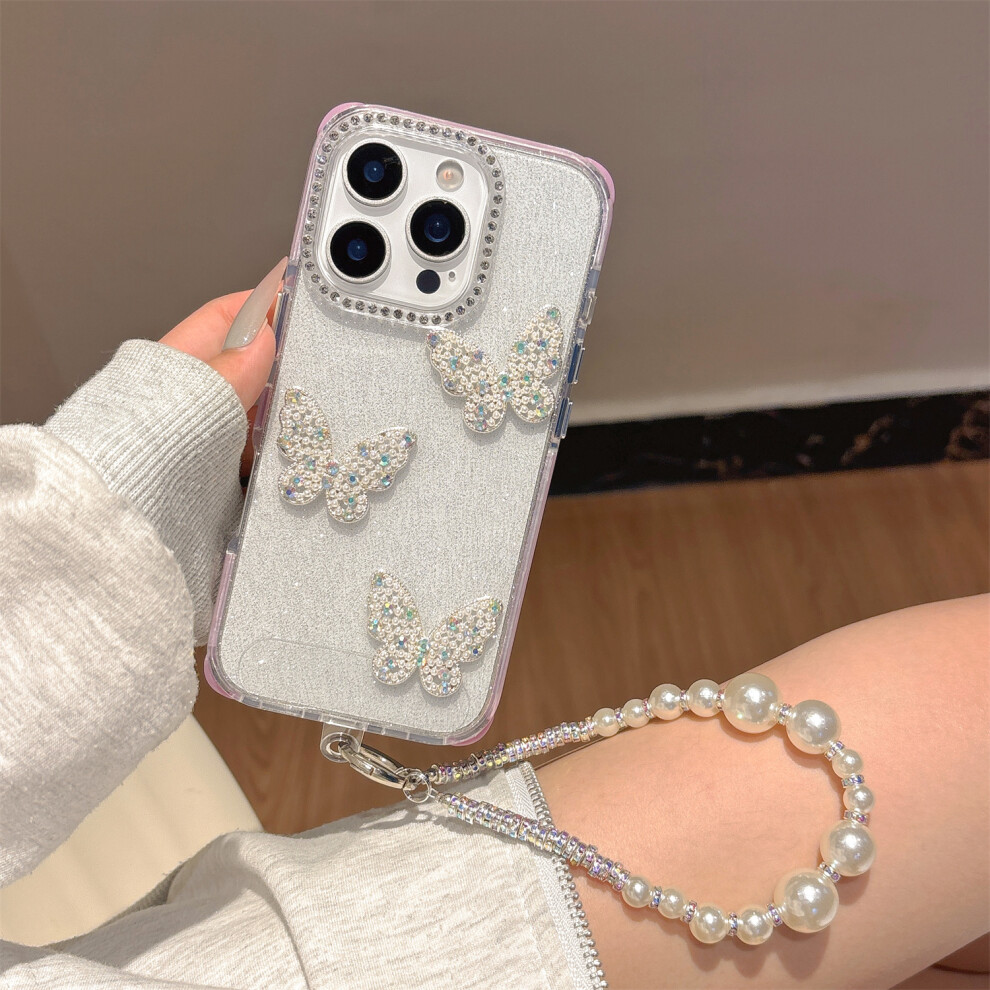 (Iphone 16 Pro, Plum) For Iphone 16 Pro Case Glitter Rhinestone Decor Butterfly Tpu+Pc Phone Case With Beaded Strap Purple 6914289226270