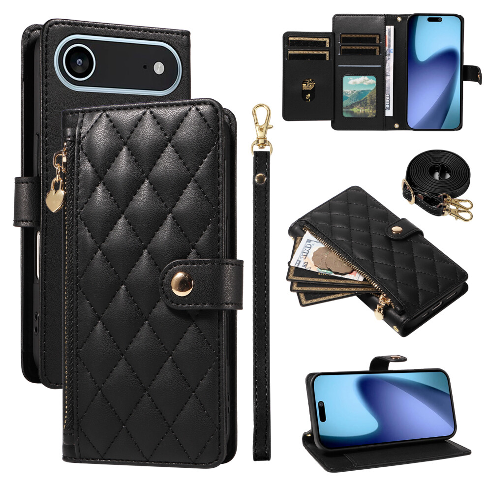 (Iphone Air, ) For Iphone Air Wallet Case With Straps,Rhombus Leather Stand Phone Cover Black 6914284563257