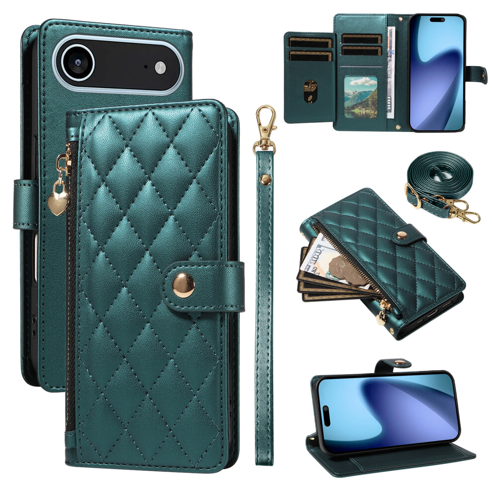 (Iphone Air, Blackish ) For Iphone Air Wallet Case With Straps,Rhombus Leather Stand Phone Cover Green 6914288151306