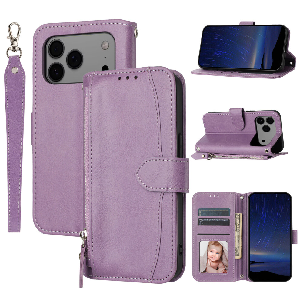 (Iphone 17 Pro Max, ) For Iphone 17 Pro Max Case Zipper Pocket Wallet Leather Phone Cover With Wrist Strap Purple 6914282421481