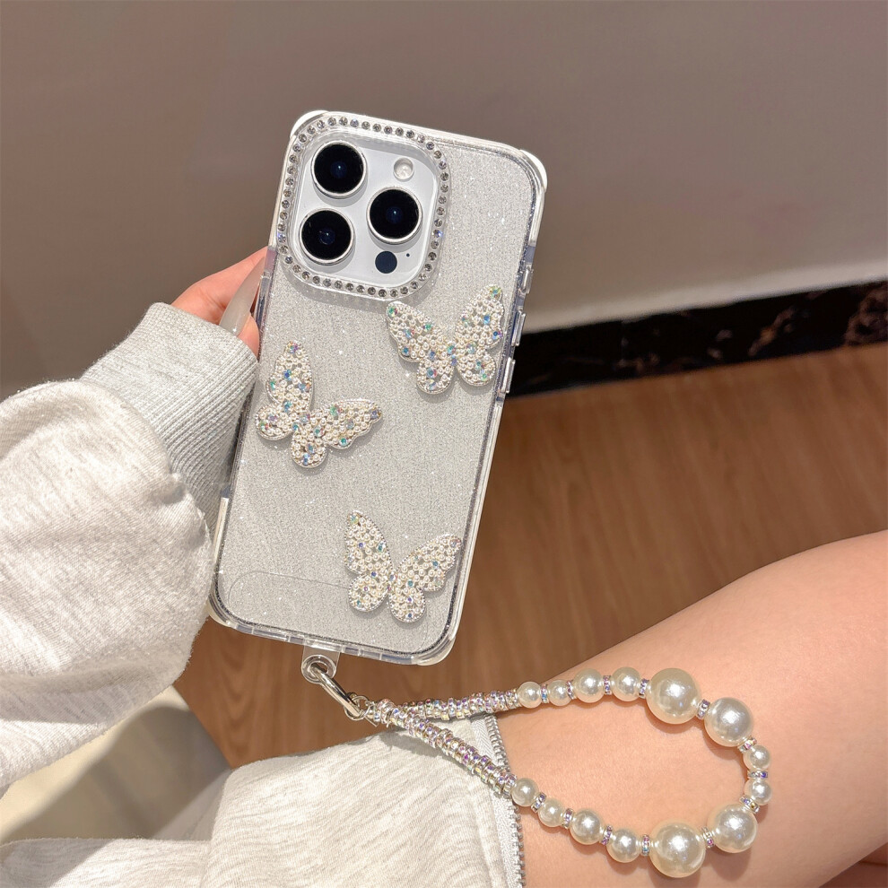 (Iphone 16 Pro, ) For Iphone 16 Pro Case Glitter Rhinestone Decor Butterfly Tpu+Pc Phone Case With Beaded Strap White 6914283168033