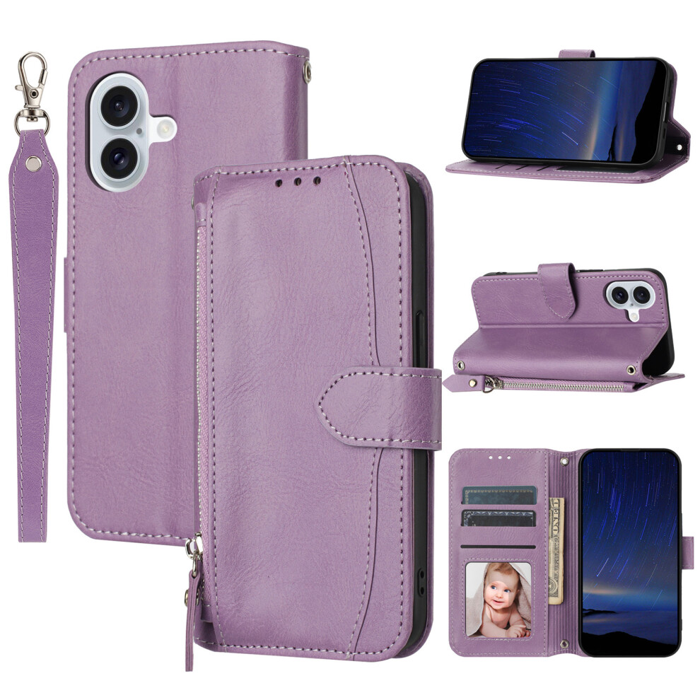 (Iphone 17, ) For Iphone 17 Case Zipper Pocket Wallet Leather Phone Cover With Wrist Strap Purple 6914285391880