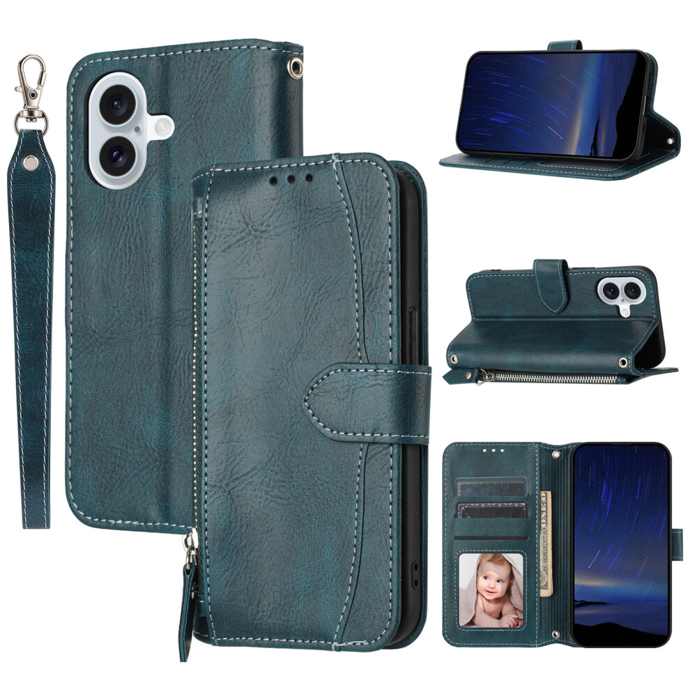 (Iphone 17, Blackish ) For Iphone 17 Case Zipper Pocket Wallet Leather Phone Cover With Wrist Strap Green 6914283755684