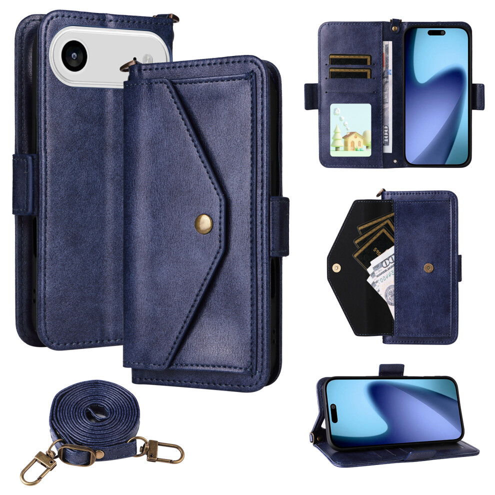 (Iphone Air, ) For Iphone Air Leather Case Magnetic Closure Wallet Stand Phone Cover With Crossbody Strap Blue 6914289608403