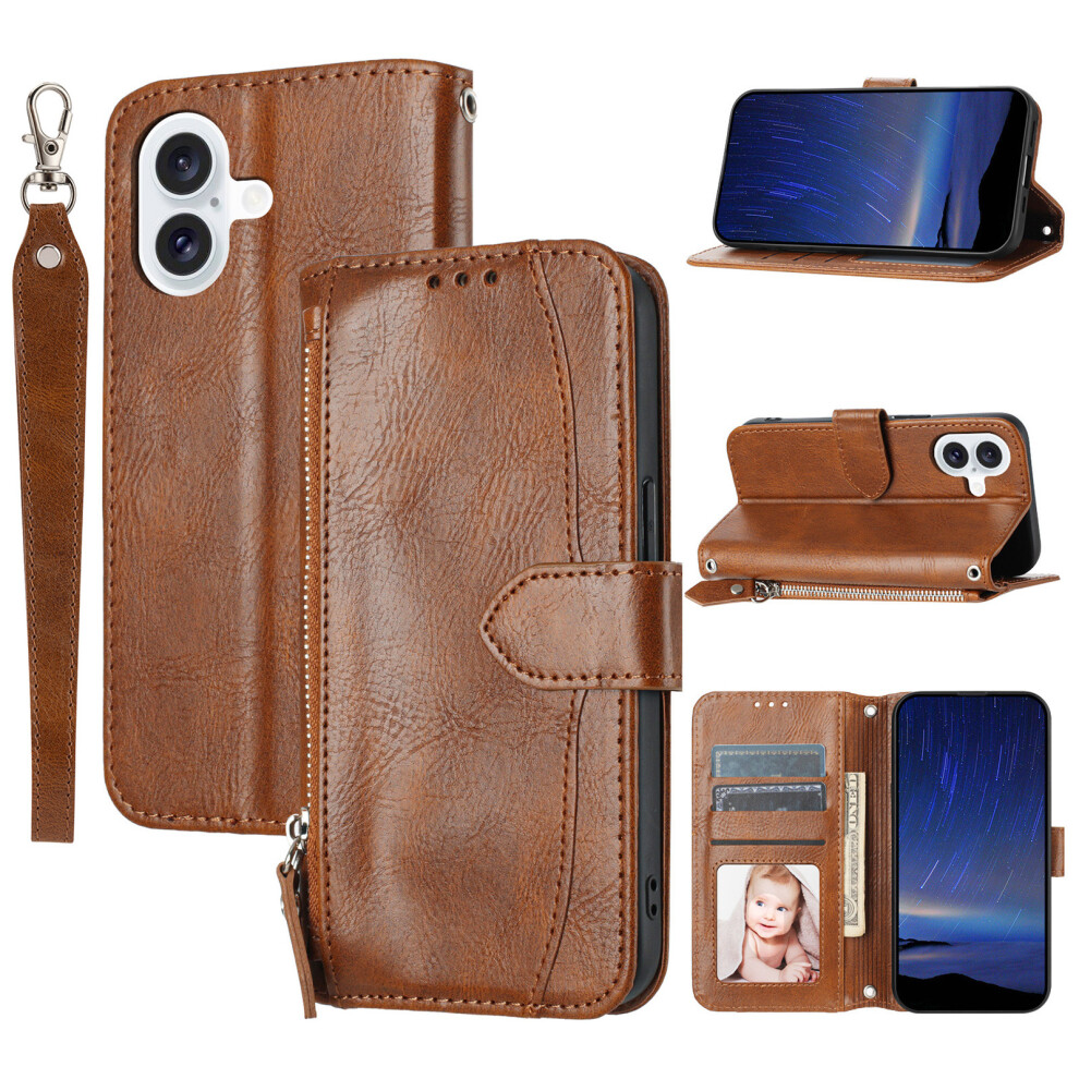 (Iphone 17, ) For Iphone 17 Case Zipper Pocket Wallet Leather Phone Cover With Wrist Strap Brown 6914287343733