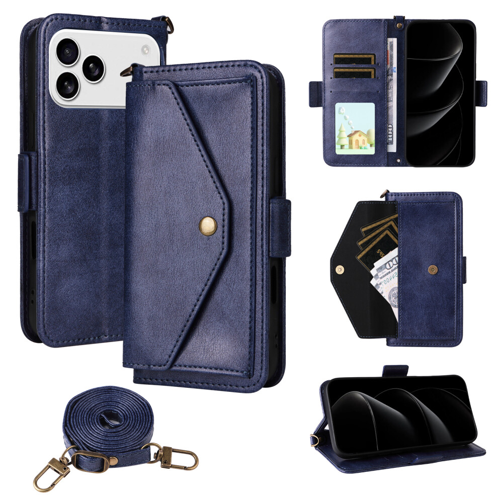 (Iphone 17 Pro, ) For Iphone 17 Pro Leather Case Magnetic Closure Wallet Stand Phone Cover With Crossbody Strap Blue 6914283533336