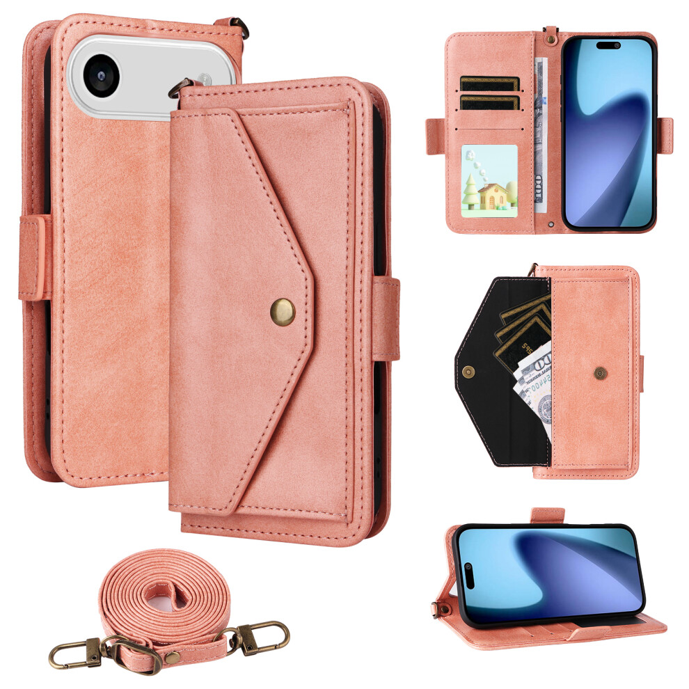 (Iphone Air, ) For Iphone Air Leather Case Magnetic Closure Wallet Stand Phone Cover With Crossbody Strap Pink 6914288002387