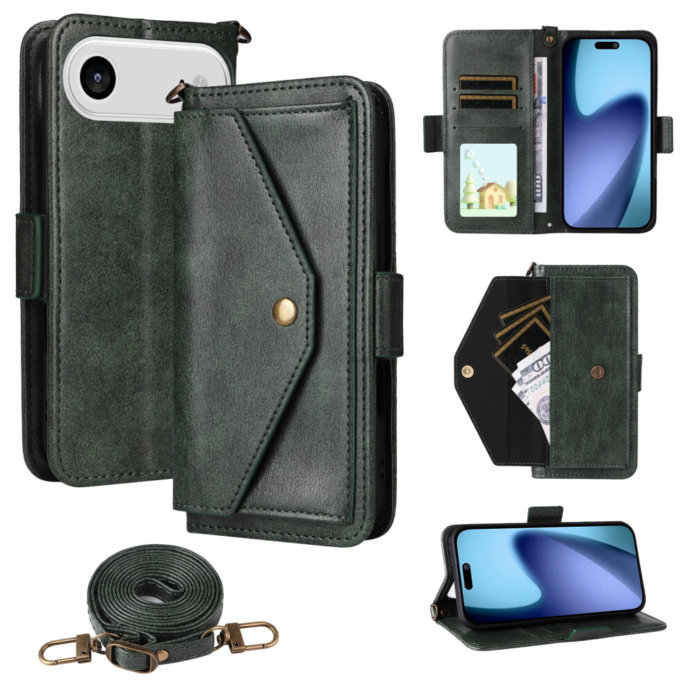 (Iphone Air, ) For Iphone Air Leather Case Magnetic Closure Wallet Stand Phone Cover With Crossbody Strap Green 6914283265312