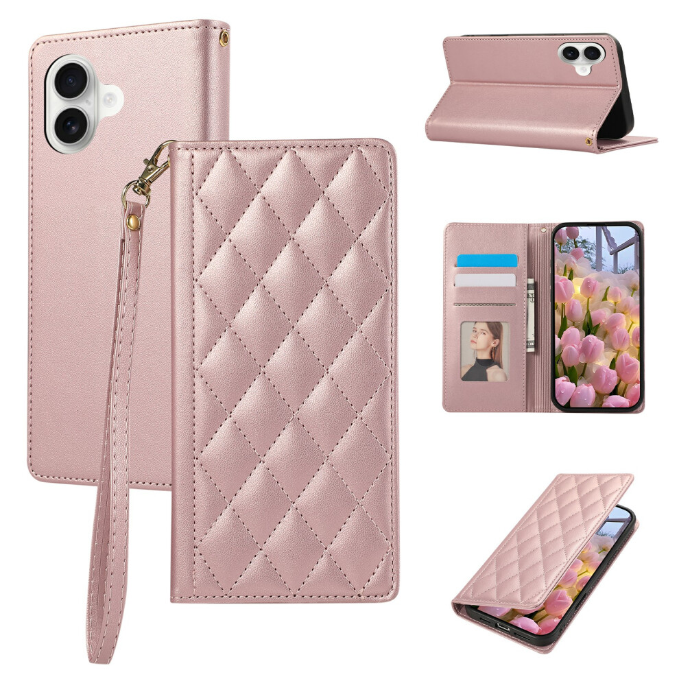 (Iphone 17, Rose ) For Iphone 17 Case Rfid Blocking Wallet Stand Rhombus Leather Phone Cover With Wrist Strap Gold 6914286288493