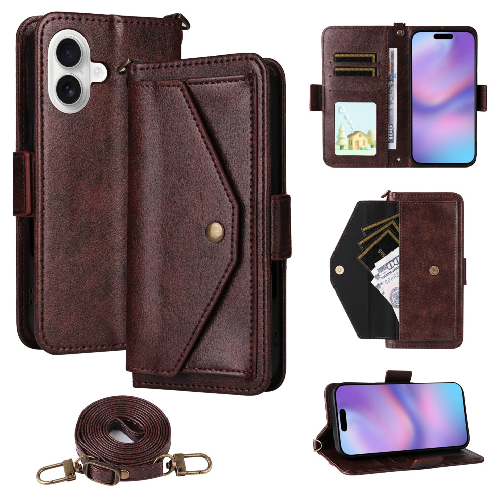 (Iphone 17, ) For Iphone 17 Leather Case Magnetic Closure Wallet Stand Phone Cover With Crossbody Strap Brown 6914285217166