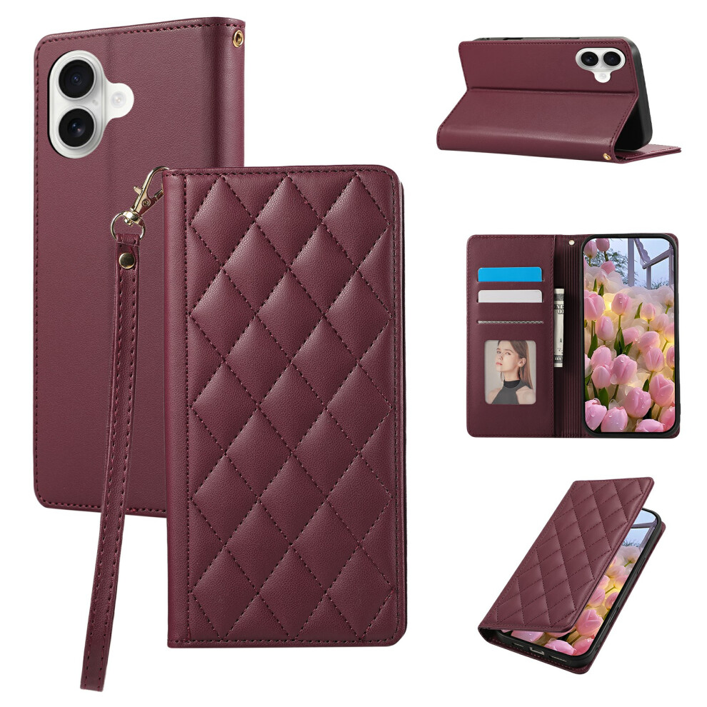 (Iphone 17, ) For Iphone 17 Case Rfid Blocking Wallet Stand Rhombus Leather Phone Cover With Wrist Strap Red 6914280440637