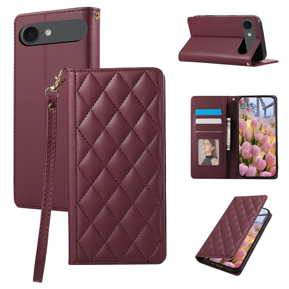 (Iphone Air, ) For Iphone Air Case Rfid Blocking Wallet Stand Rhombus Leather Phone Cover With Wrist Strap Red 6914287408982