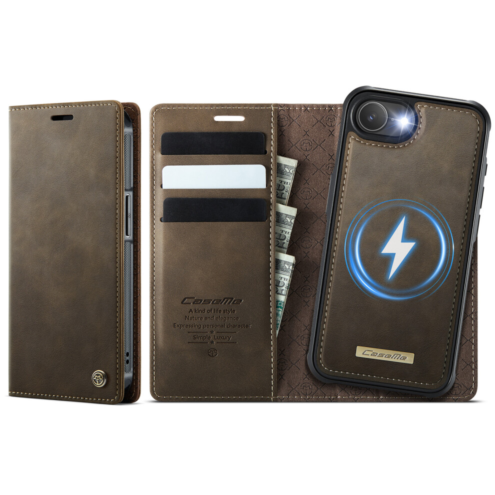(Iphone 16E, Coffee) For Iphone 16E Case Caseme C49 Compatible With Magsafe Rfid Blocking Detachable Wallet Leather Phone Cover Brown 6914285008900