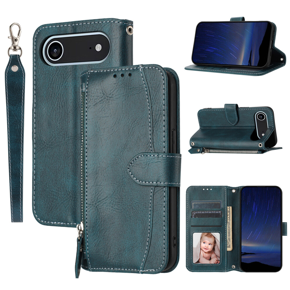 (Iphone Air, Blackish ) For Iphone Air Case Zipper Pocket Wallet Leather Phone Cover With Wrist Strap Green 6914281066164