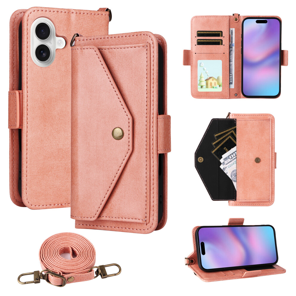 (Iphone 17, ) For Iphone 17 Leather Case Magnetic Closure Wallet Stand Phone Cover With Crossbody Strap Pink 6914288805216