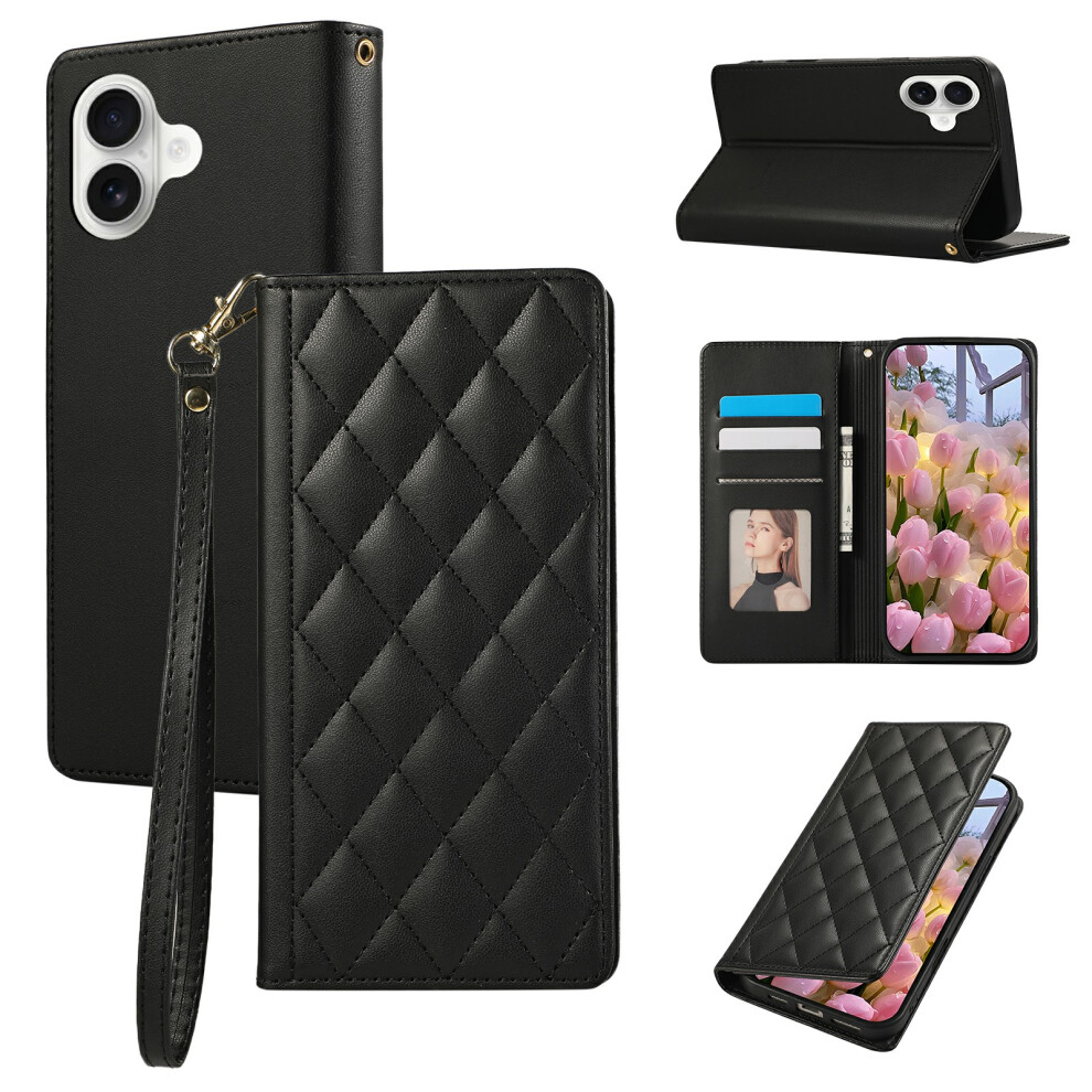 (Iphone 17, ) For Iphone 17 Case Rfid Blocking Wallet Stand Rhombus Leather Phone Cover With Wrist Strap Black 6914285328725
