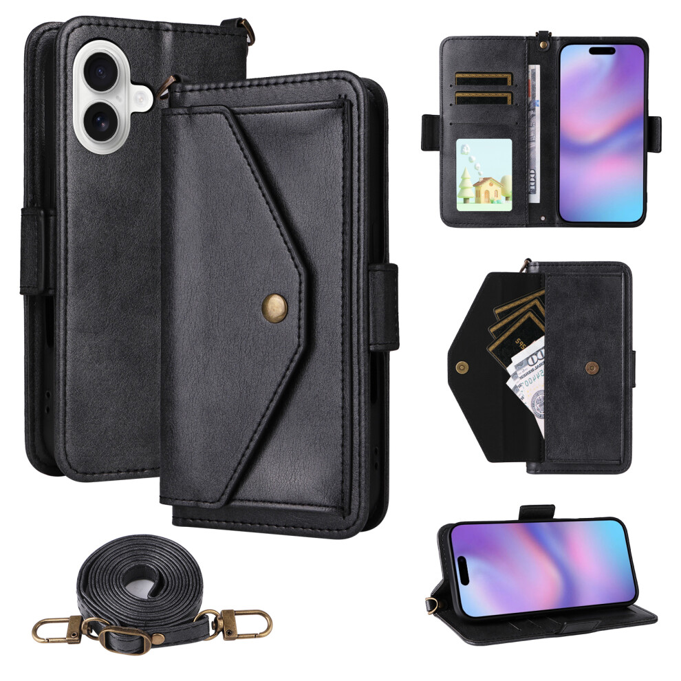 (Iphone 17, ) For Iphone 17 Leather Case Magnetic Closure Wallet Stand Phone Cover With Crossbody Strap Black 6914287169005