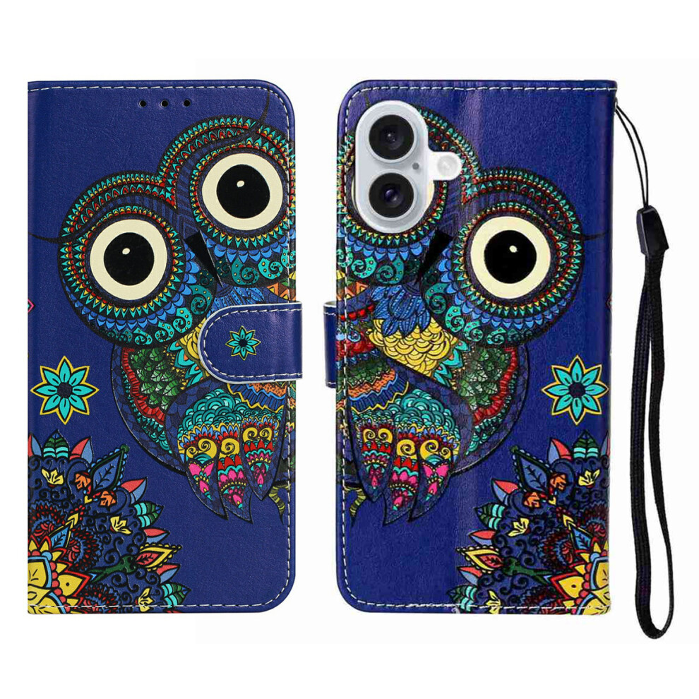 (Iphone 17, Owl) For Iphone 17 Case Pattern Leather Wallet Phone Cover With Strap Blue 6914280484570