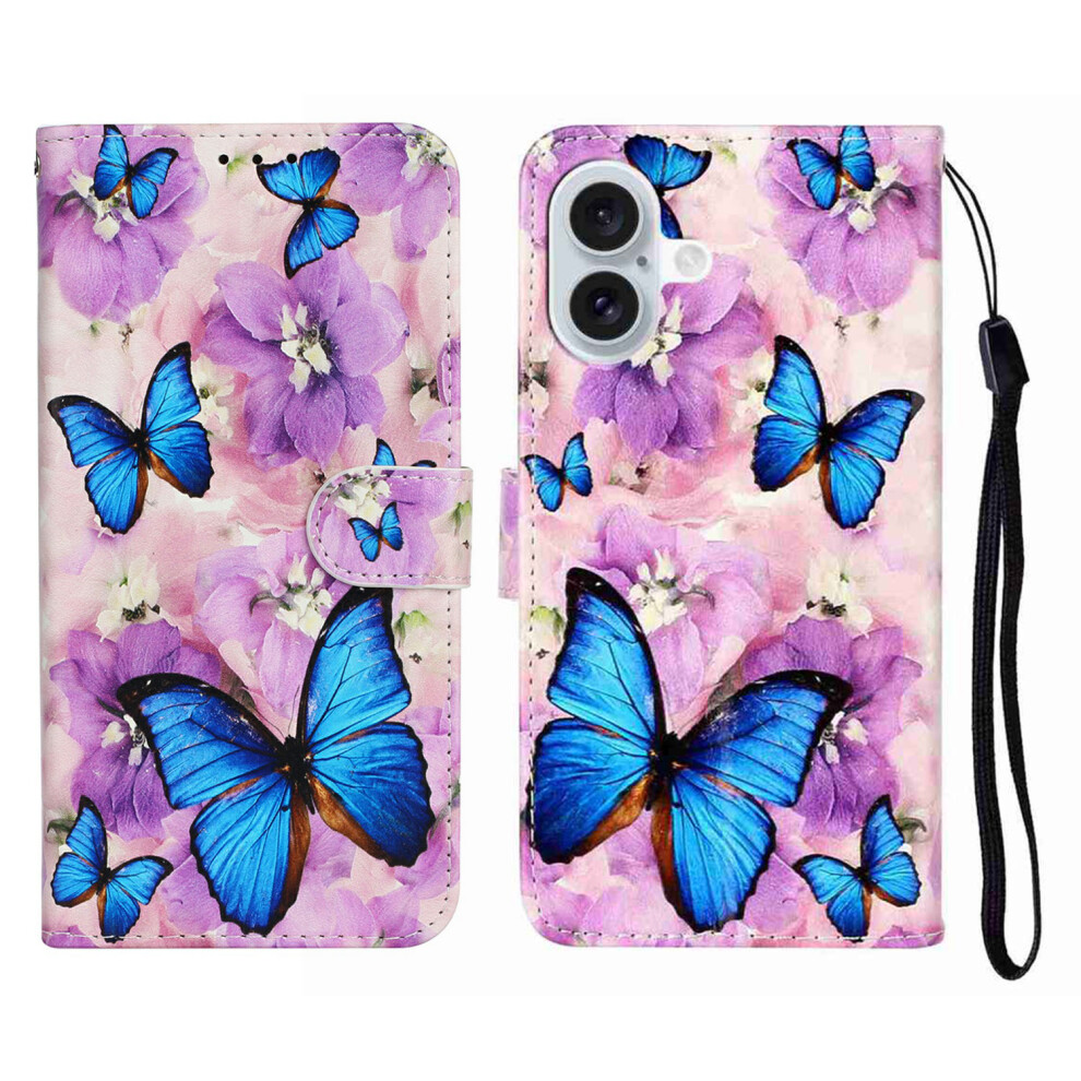 (Iphone 17, Flower Butterfly) For Iphone 17 Case Pattern Leather Wallet Phone Cover With Strap Purple 6914286012760