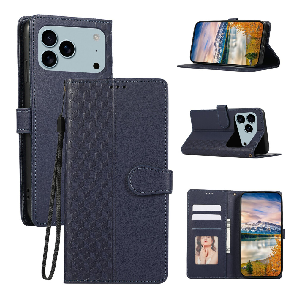 (Iphone 17 Pro, ) For Iphone 17 Pro Case 3D Rhombus Grid Imprinted Wallet Leather Phone Cover With Lanyard Blue 6914281782828