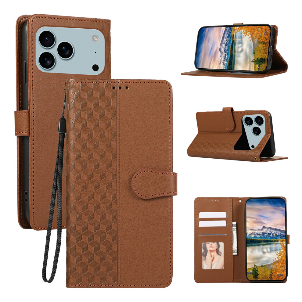 (Iphone 17 Pro, ) For Iphone 17 Pro Case 3D Rhombus Grid Imprinted Wallet Leather Phone Cover With Lanyard Brown 6914289455670